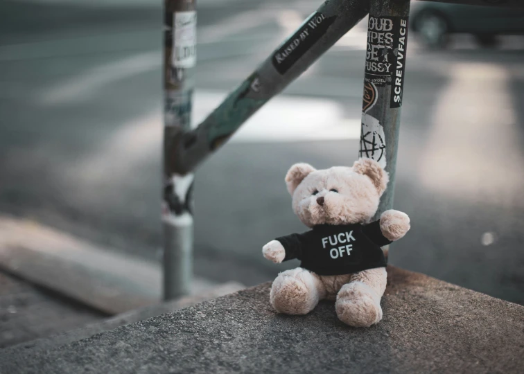 a teddy bear with a slogan attached sitting next to a pole