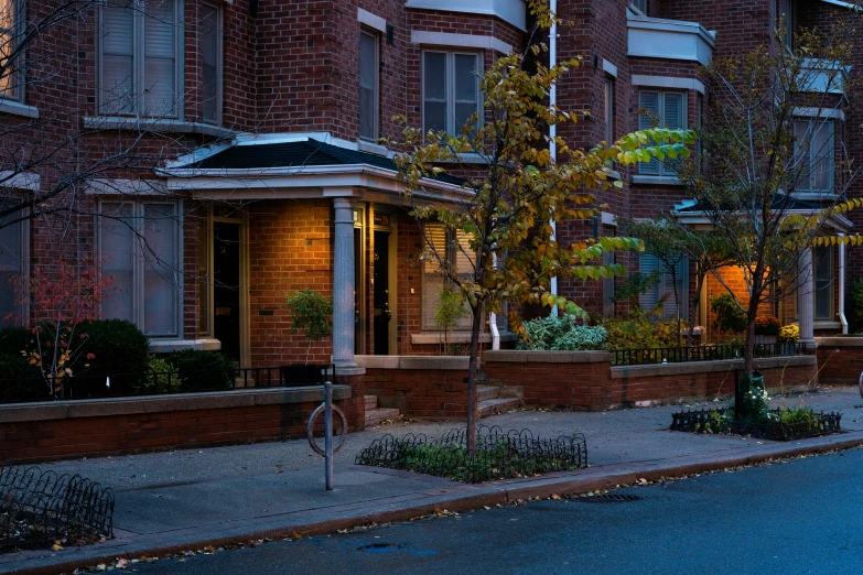 an outdoor garden is lit up at dusk