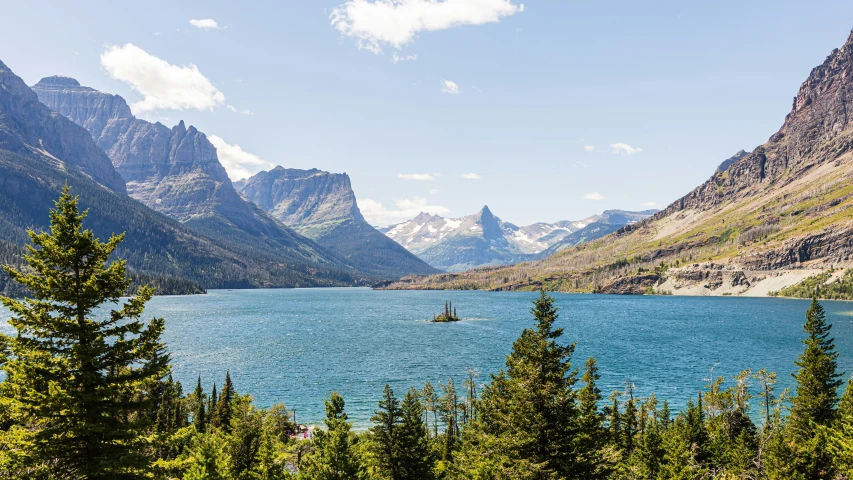 a lake with boats floating on it and some trees