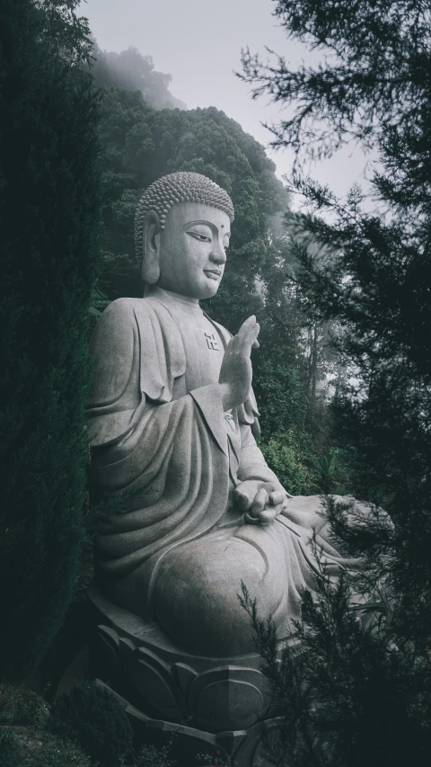 a statue of buddha sitting in a garden