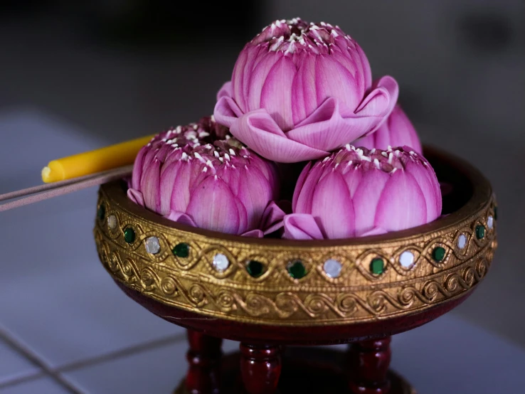 the lotus flowers are blooming in a pot on the table