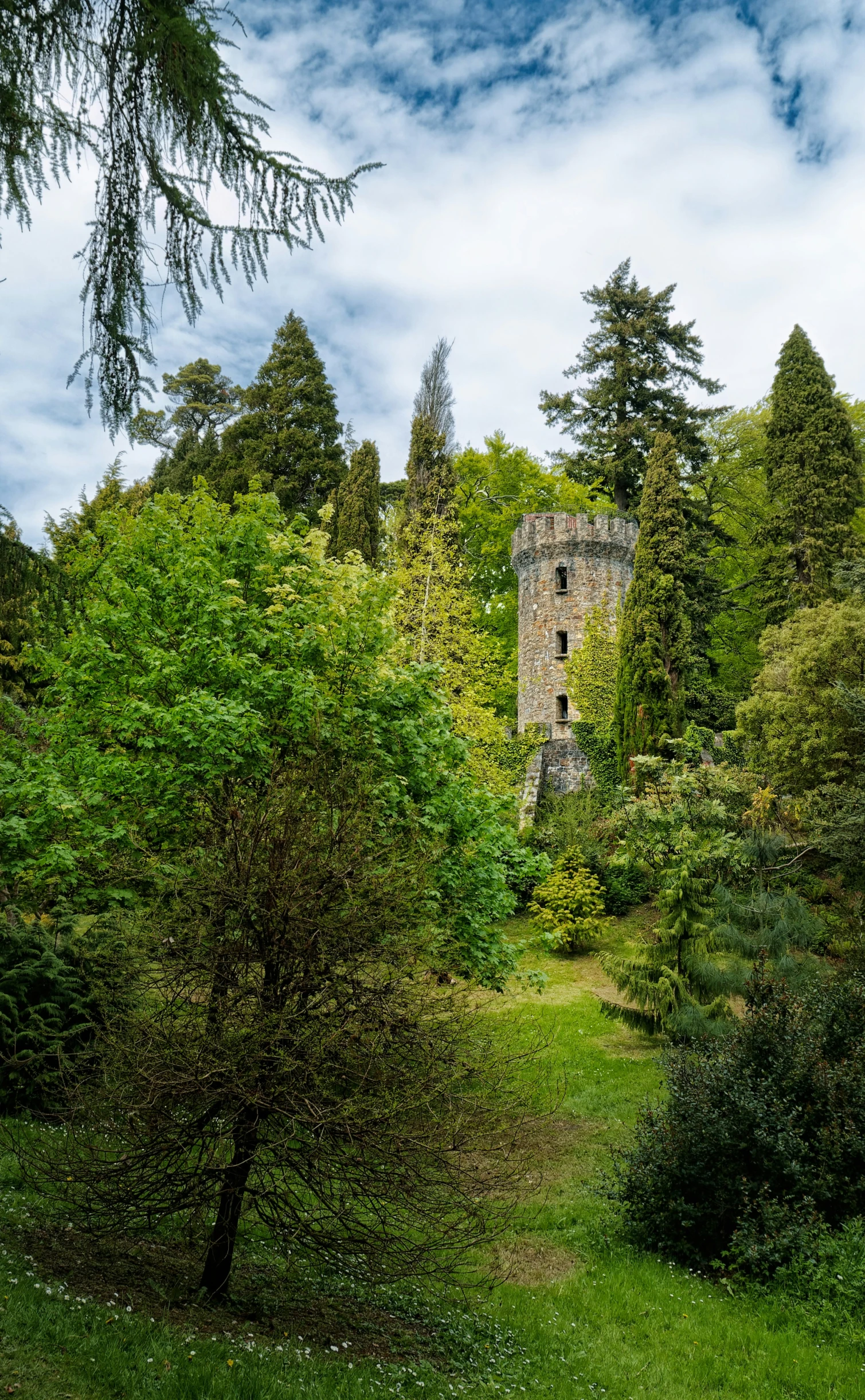 an old tower house in a forest during the day