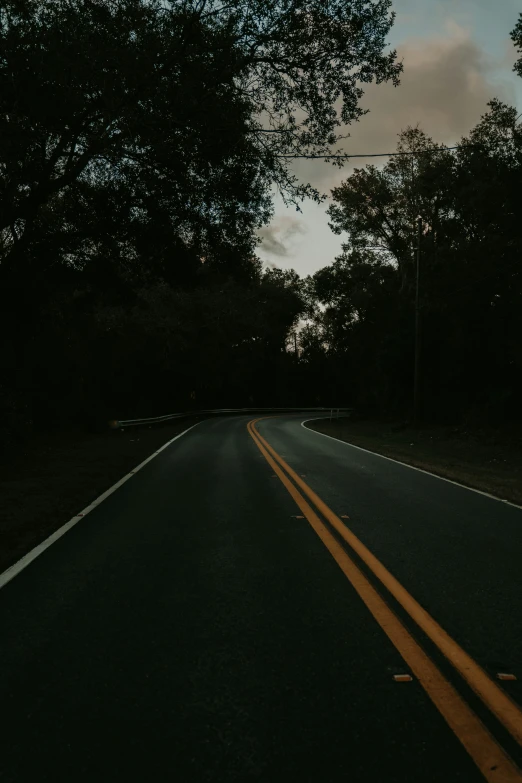 an empty road in the night with trees lining both sides