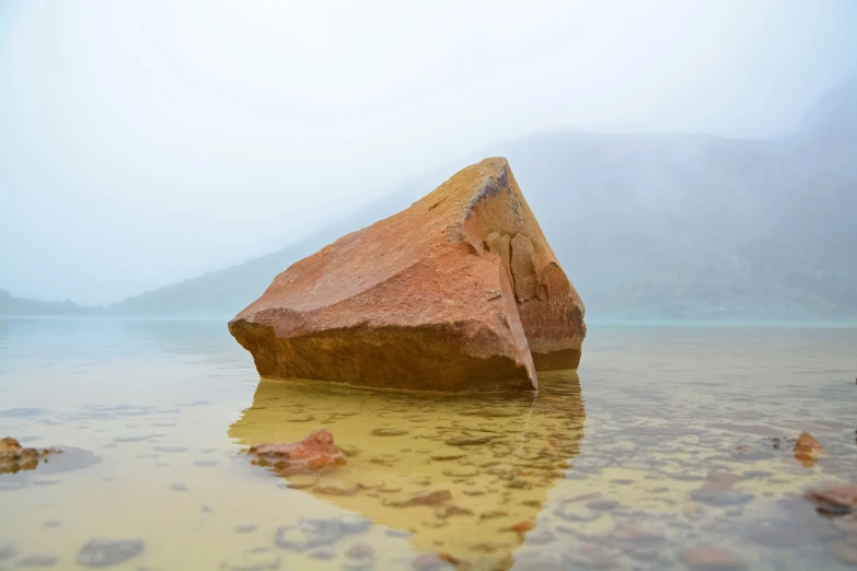 an interesting rock stuck in a body of water