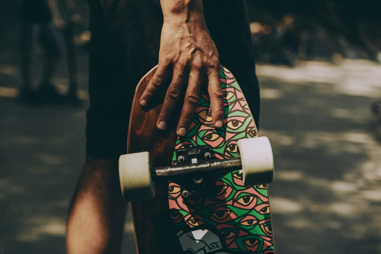 the hand of a person holding a skateboard