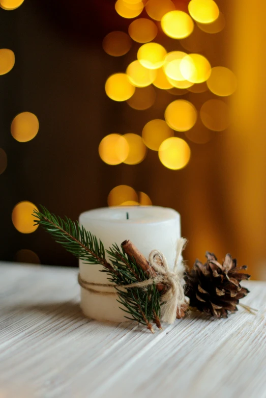 a small white candle with pine cones around it