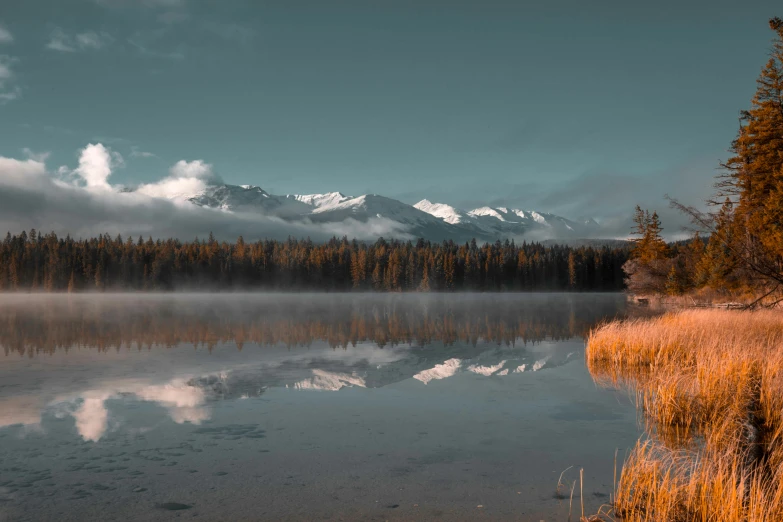 an autumn scene at a lake with a lot of trees on the side and snow covered mountains in the background