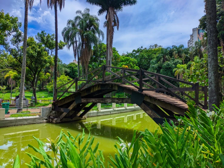 there is a bridge going across a small pond