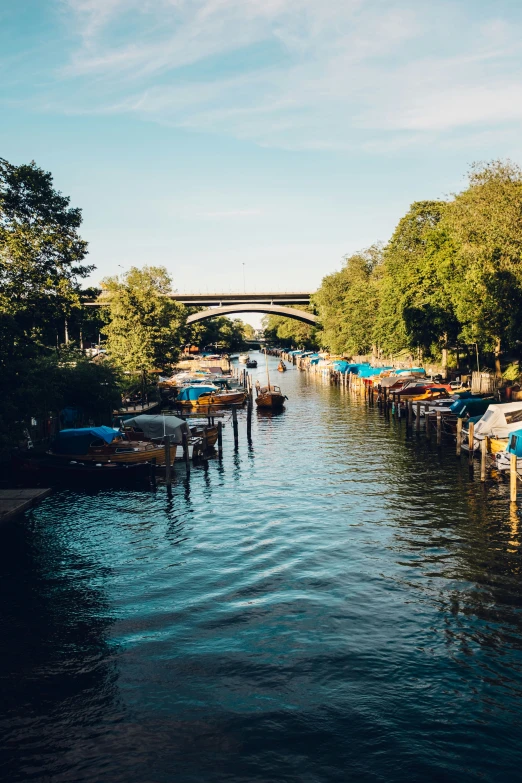 some boats and buildings by the water and a bridge