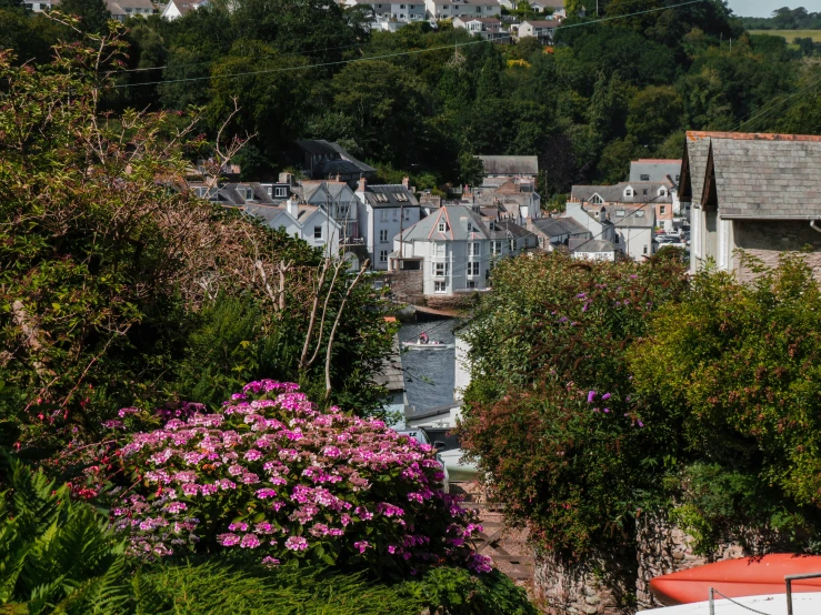 there is a building near the water and flowers