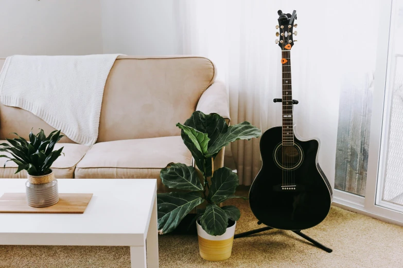 a room with a couch, guitar and a fiddle