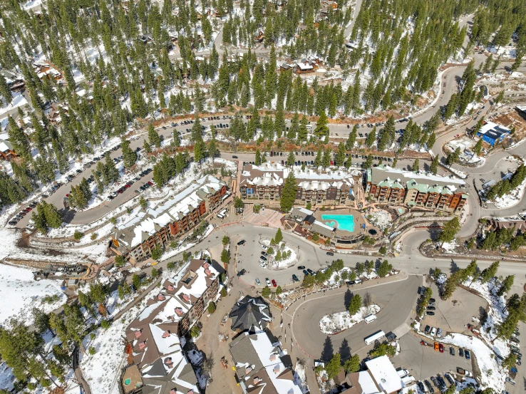 this aerial po shows a bird's eye view of the resort and surrounding area