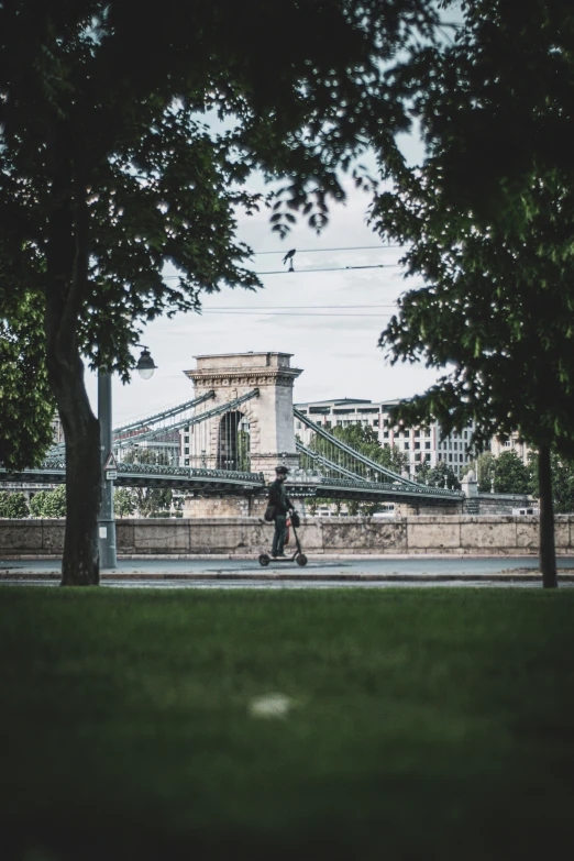 two people walking across a bridge with trees