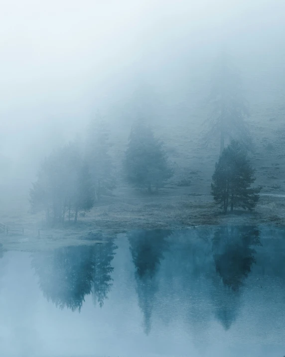 a calm fog filled lake is pictured on the shore