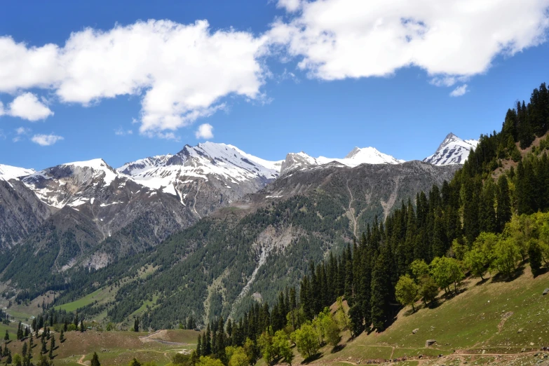 mountains covered with snow sit in the foreground