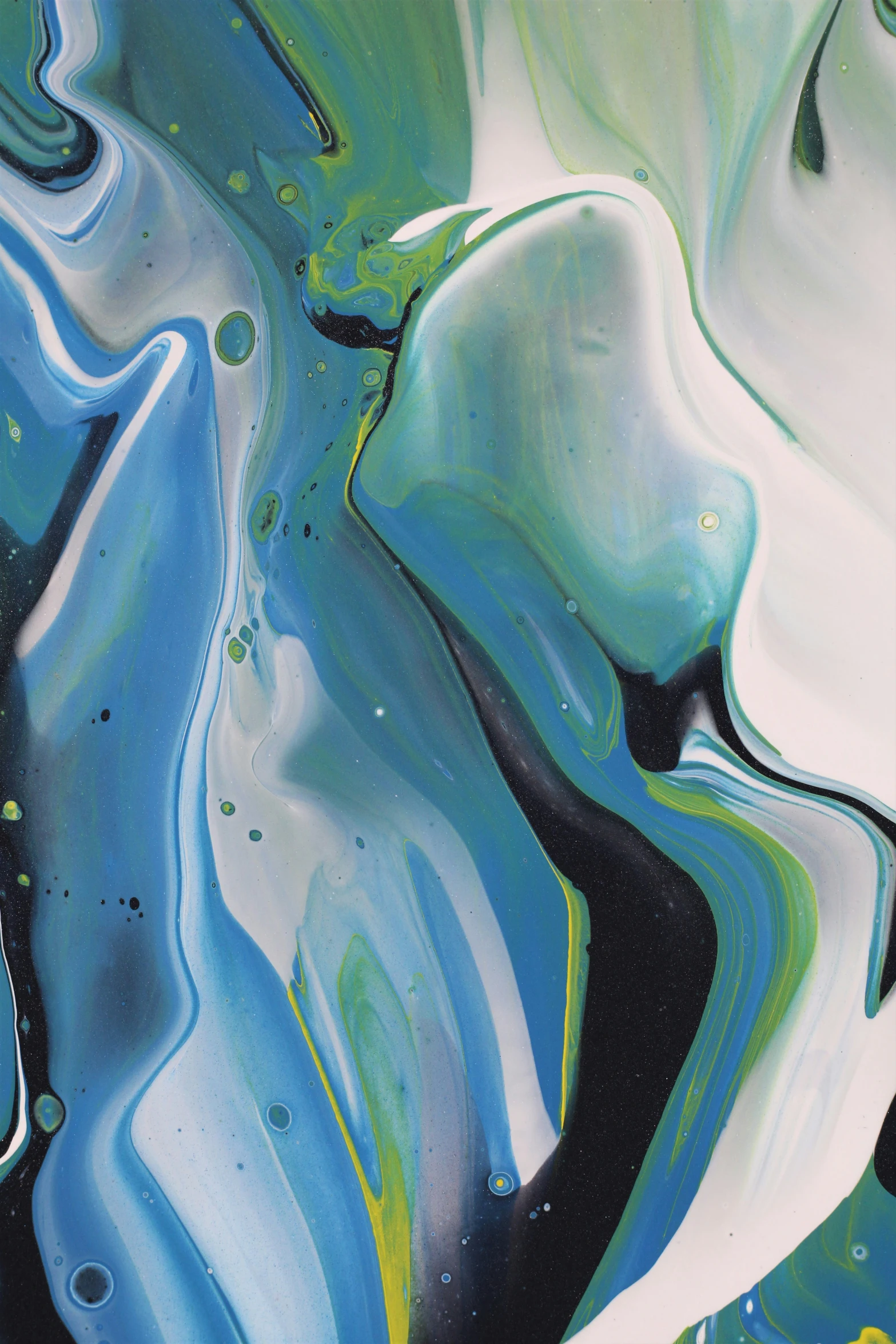 a painting of blue, black and white fluid swirling in water