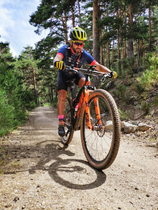 a bicyclist rides along a trail through the woods