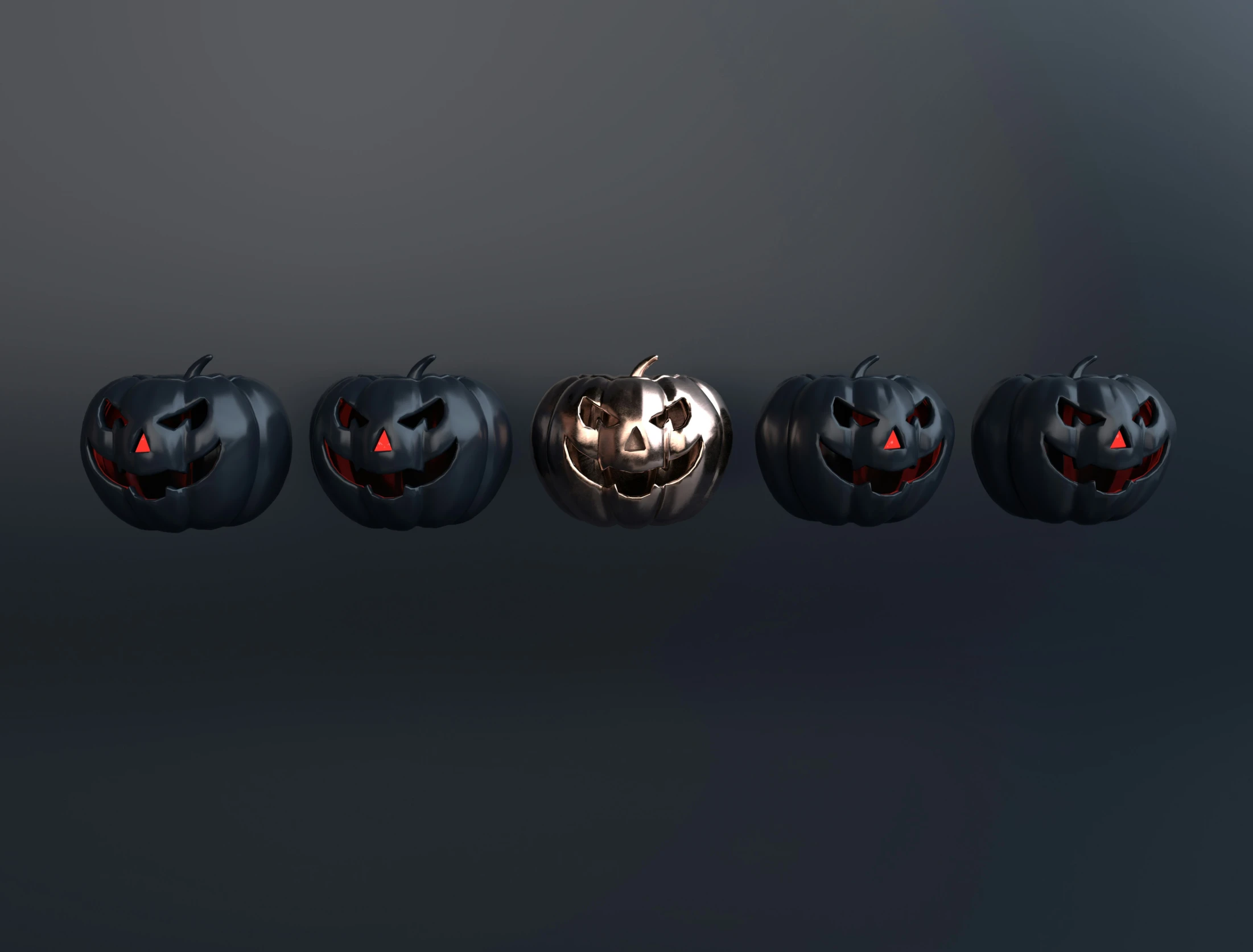 an assortment of halloween pumpkins with red glowing eyes