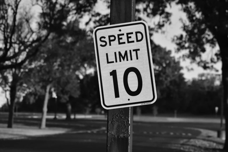 black and white po of speed limit sign on telephone pole