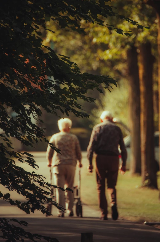 two elderly people walking down a path in a park