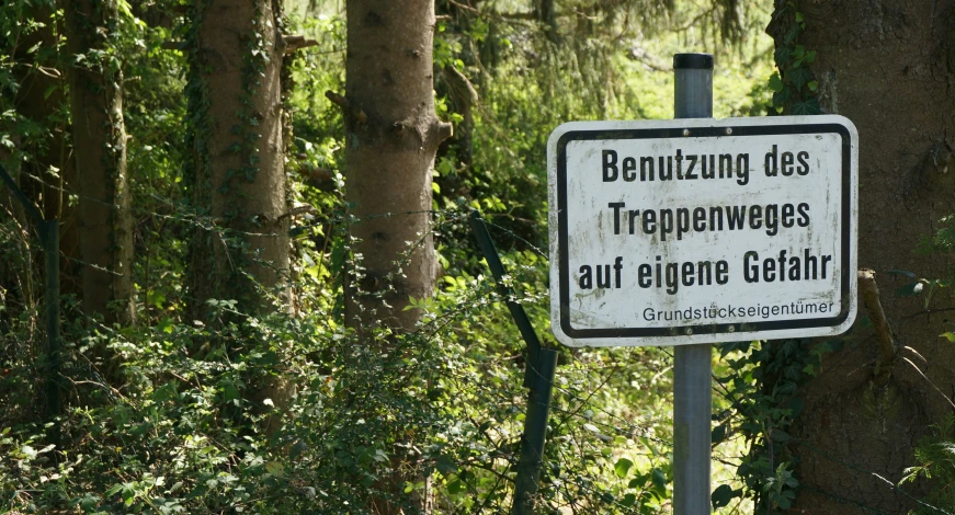 a white and black sign in the forest