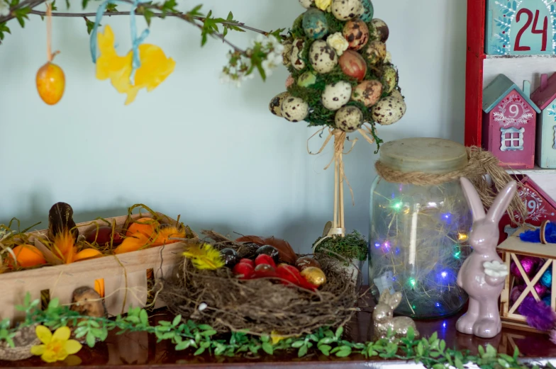 christmas decorations in a display case and arrangement