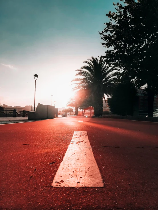 a po of a red sidewalk and palm trees