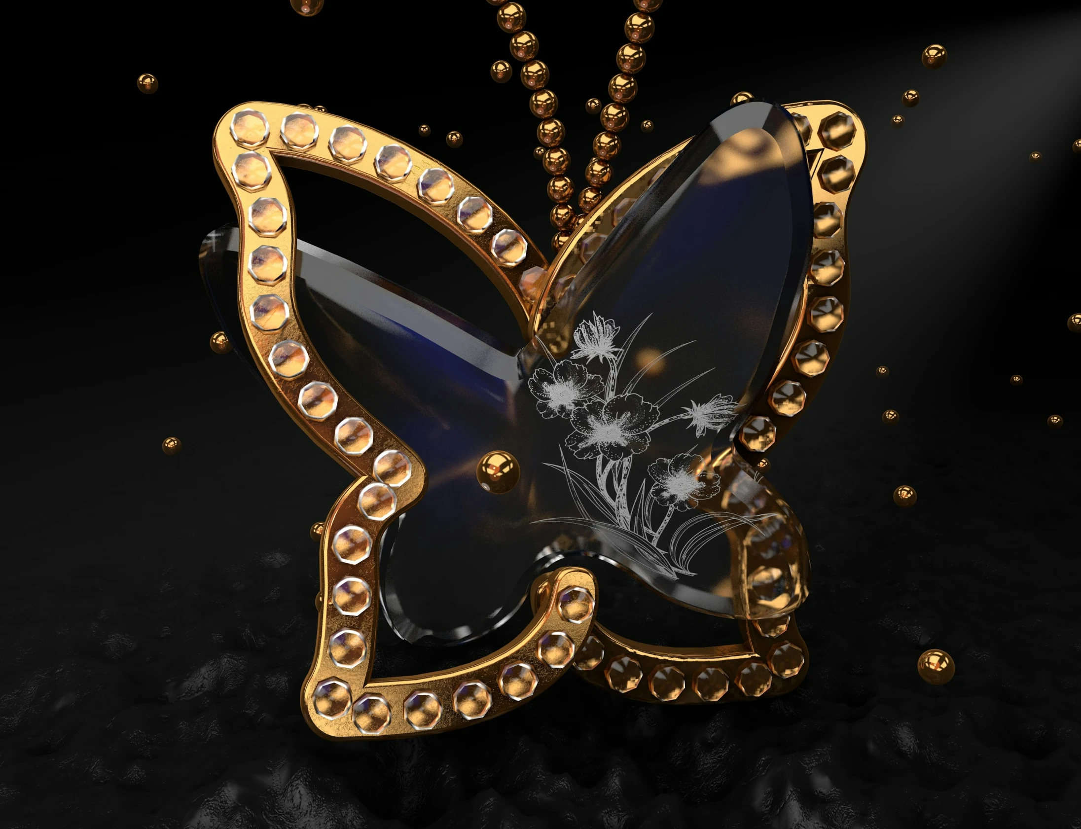 a golden erfly shaped object is featured against black background