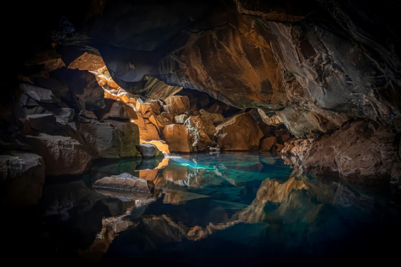 a group of water pools in an underground cave