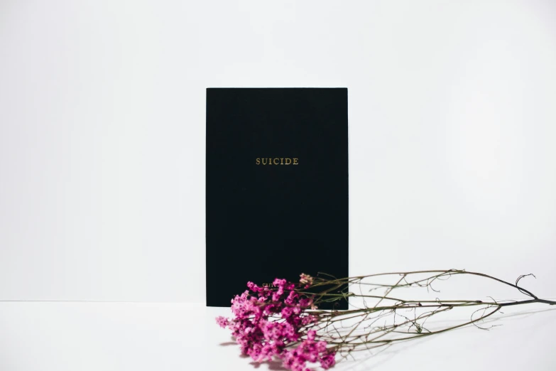 a vase with purple flowers in it sitting next to an album