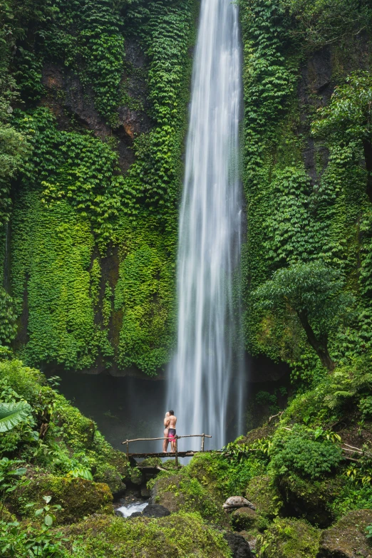 a man standing at a small wooden bridge in front of a waterfall