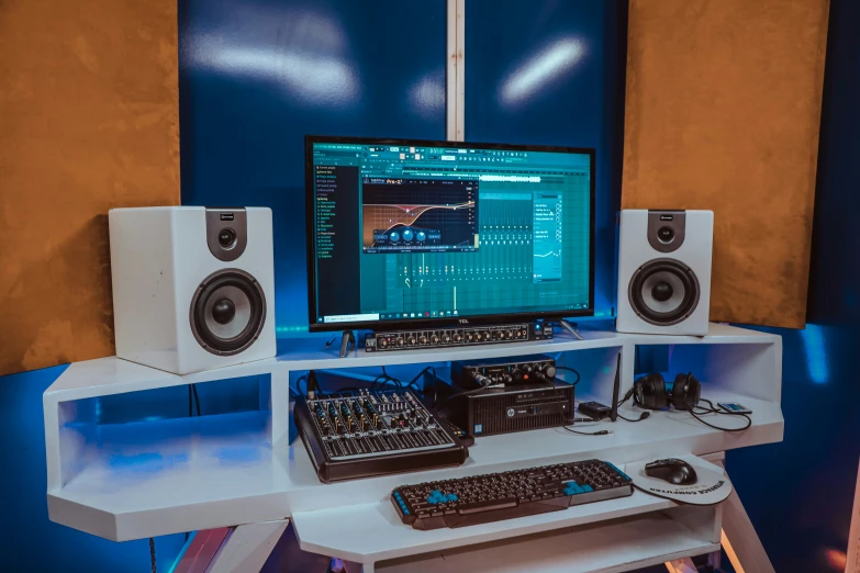 a keyboard and monitors sit in front of a computer screen