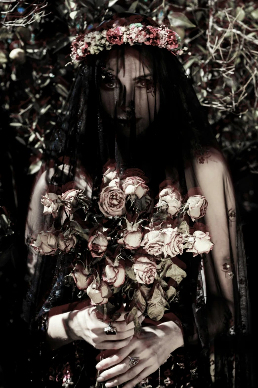 a woman in black and white holding flowers