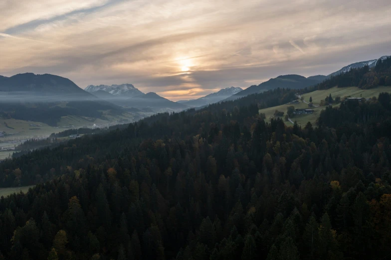 a mountain with trees and a valley in the background