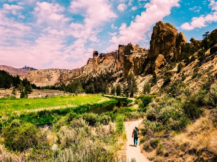 a group of people walking down a path near mountains