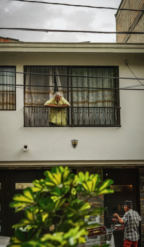 a man standing in a window next to a plant