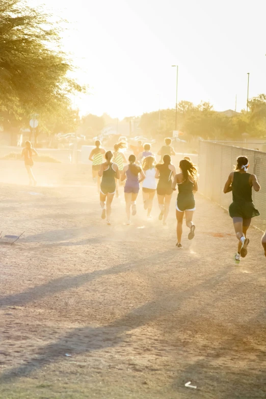 runners run along a dusty road near a fence