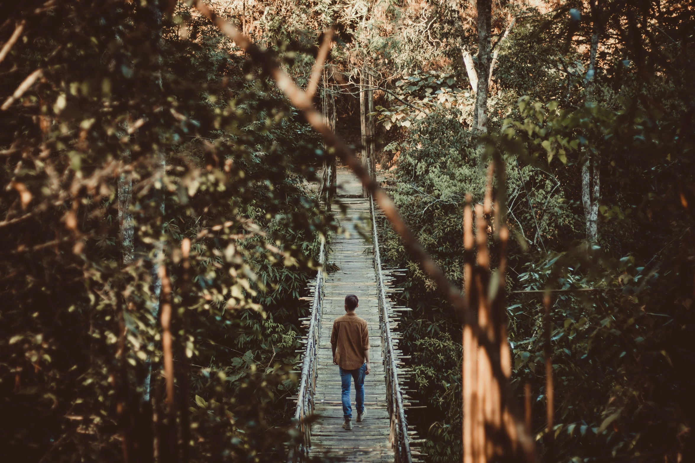 man walking through trees on a wooden bridge