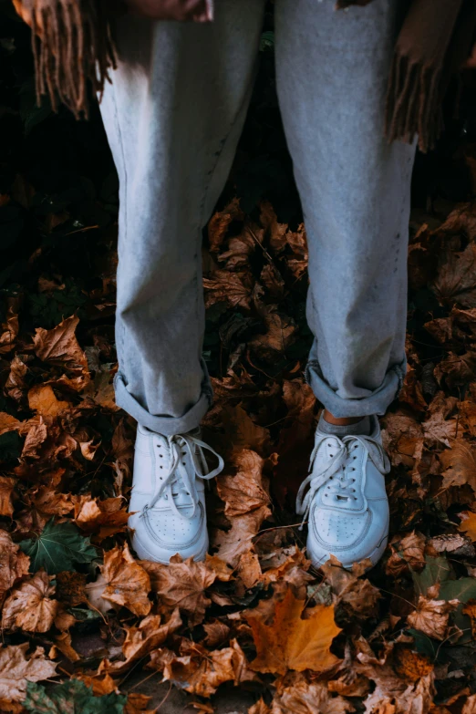 someone standing on a pile of leaves wearing blue shoes