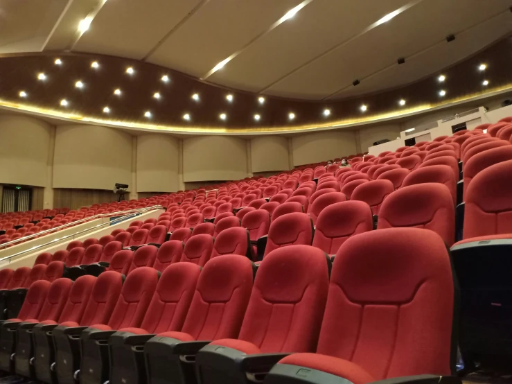 the auditorium has rows of seats and one is empty