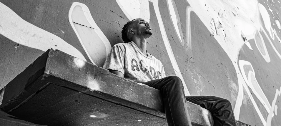 a young man sitting on a bench in front of a wall