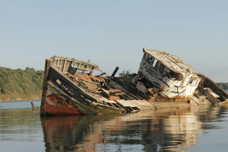 there is a old ship in the water