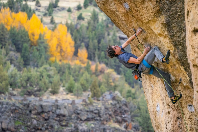 an adult rock climber climbing the side of a mountain