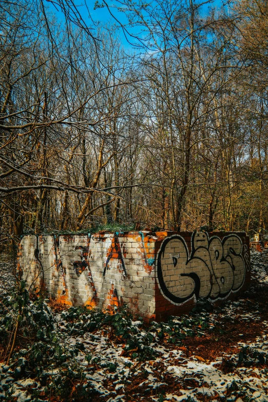 a graffiti covered building sitting in the middle of some grass