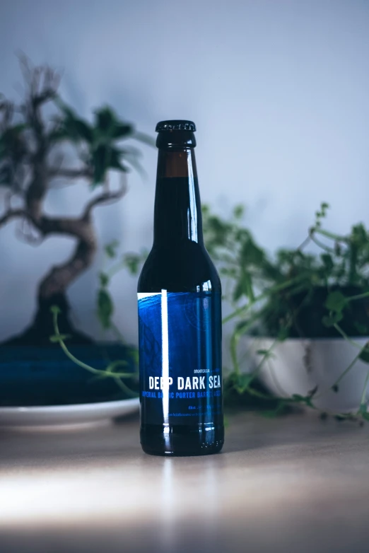 a glass bottle filled with beer on top of a wooden table