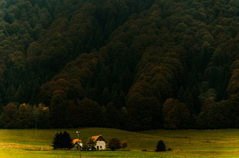 a small house sitting in the middle of a lush green field