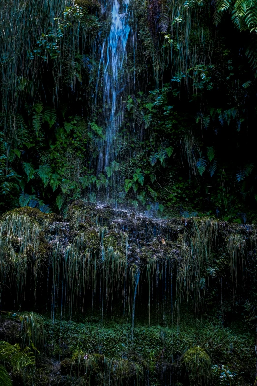 a large waterfall with some blue water and lots of leaves