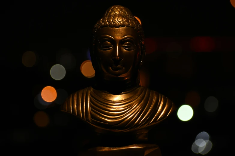 there is a golden buddha statue in the dark