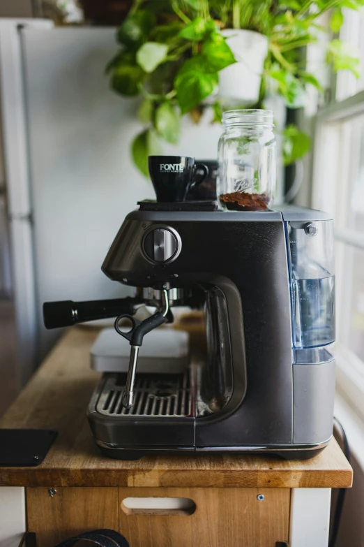 a coffee maker that is on a wooden stand next to a potted plant