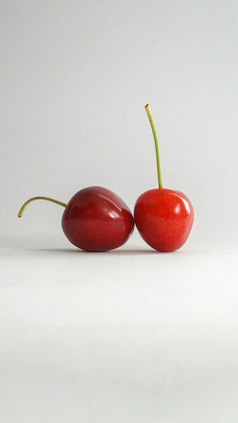 two cherries one with a bite taken out of the top